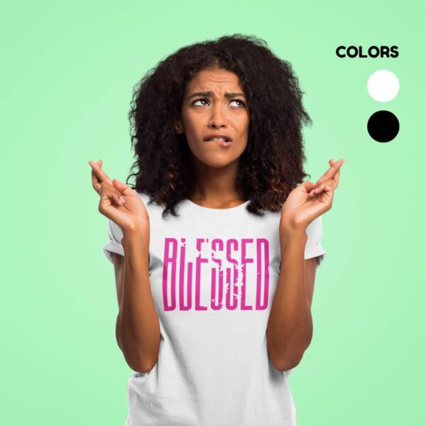 Women’s white cotton t-shirt with colorful artistic blessed graphic print and round neck design