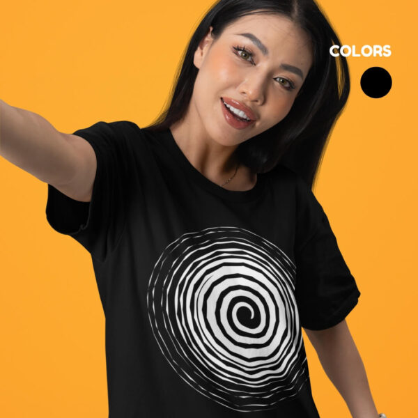 Women’s white cotton t-shirt with colorful artistic infinity graphic print and round neck design
