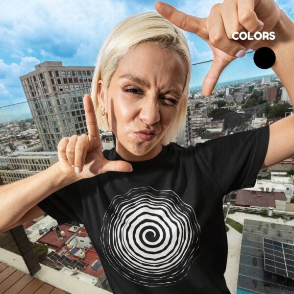 Women’s white cotton t-shirt with colorful artistic infinity graphic print and round neck design