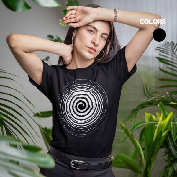 Women’s white cotton t-shirt with colorful artistic infinity graphic print and round neck design