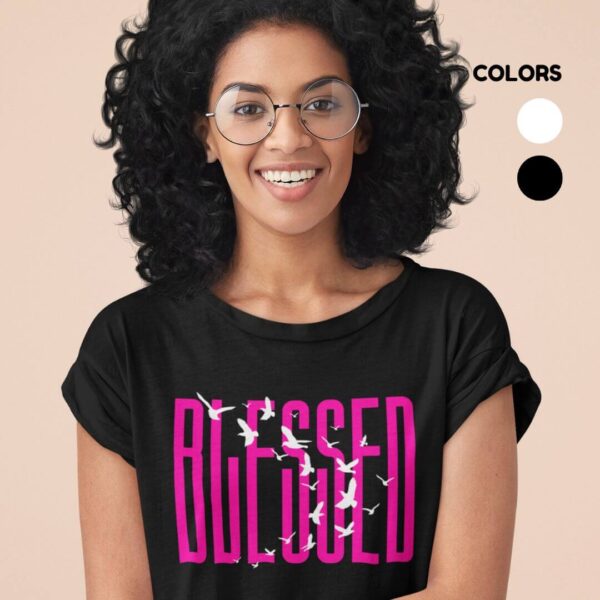 Women’s black cotton t-shirt with colorful artistic blessed graphic print and round neck design