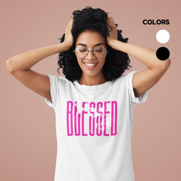 Women’s white cotton t-shirt with colorful artistic blessed graphic print and round neck design