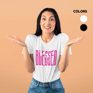 Women’s white cotton t-shirt with colorful artistic blessed graphic print and round neck design