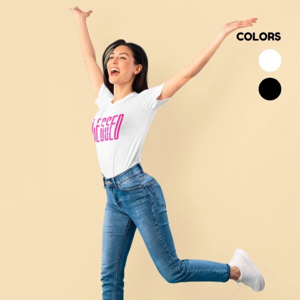 Women’s white cotton t-shirt with colorful artistic blessed graphic print and round neck design