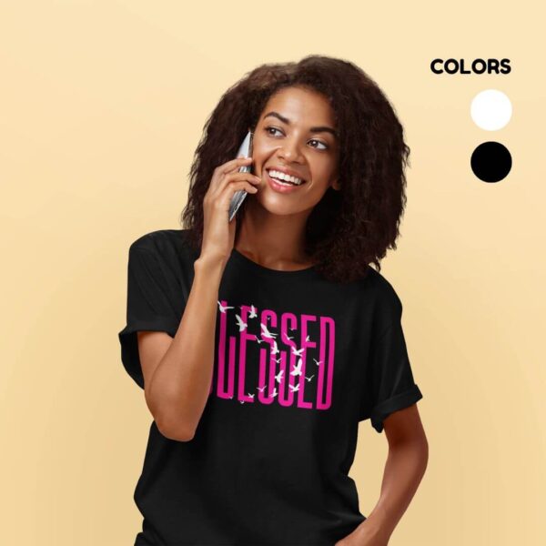 Women’s black cotton t-shirt with colorful artistic blessed graphic print and round neck design