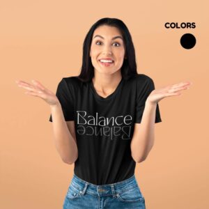 Women’s black cotton t-shirt with artistic balance print and round neck design