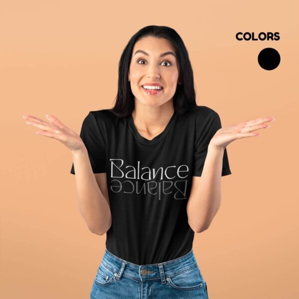 Women’s black cotton t-shirt with artistic balance print and round neck design